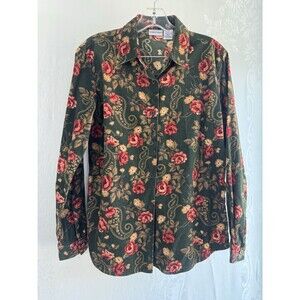 Cabin Creek Corduroy Floral Rose Paisley Green Long Sleeve Small Cotton